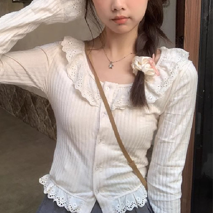 Women's long sleeve blouse with lace collar and decorative ruffle hem Lisslune