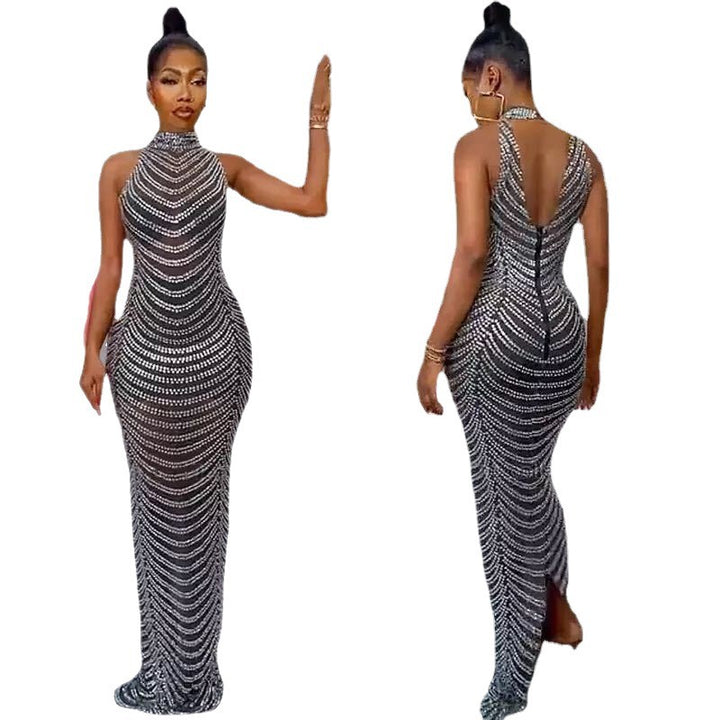 Ladies Glamorous Sequin Maxi Dress with Fitted Cut and Chic Back Cutout