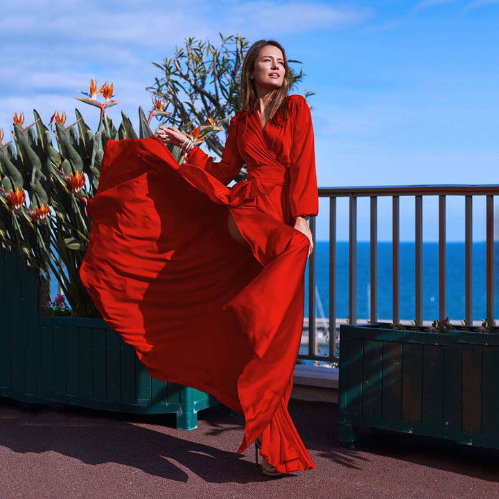 Women’s Maxi Dress with Deep V-Neck and Elegant Side Opening