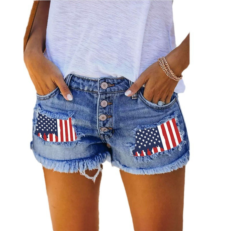 Women's denim shorts with vintage fringes and patriotic appliqués Lisslune