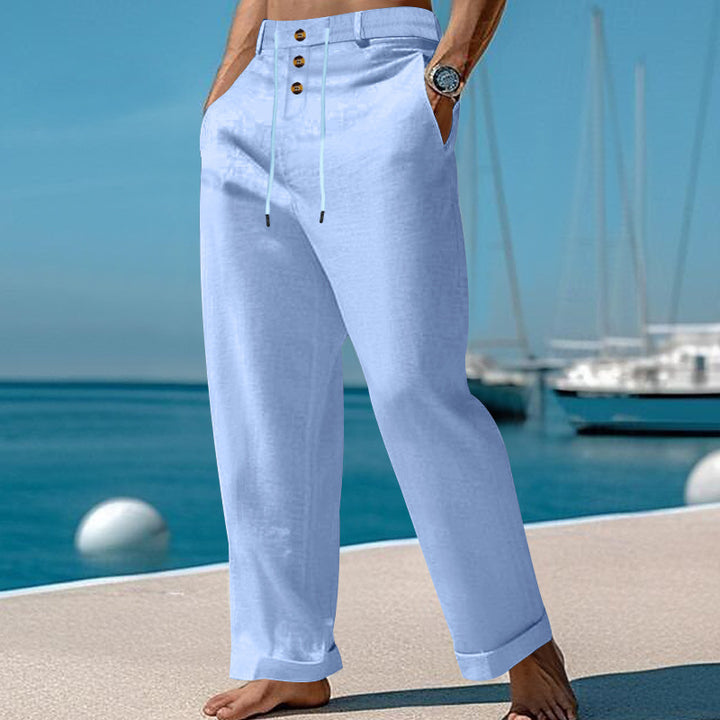 Men's elegant linen pants with adjustable drawstring and button details Lisslune