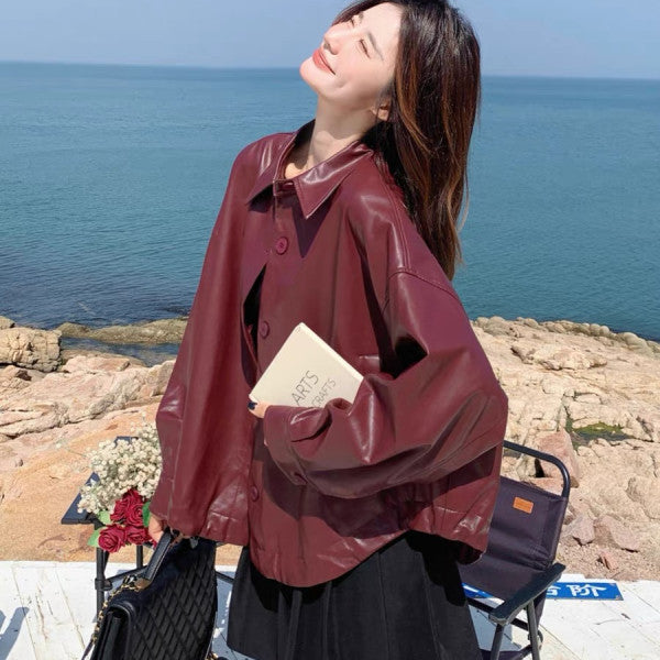 Women Oversized Synthetic Leather Jacket with Practical Pockets and Button-Down Closure Lisslune