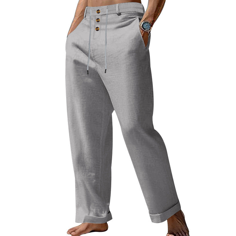 Men's elegant linen pants with adjustable drawstring and button details Lisslune