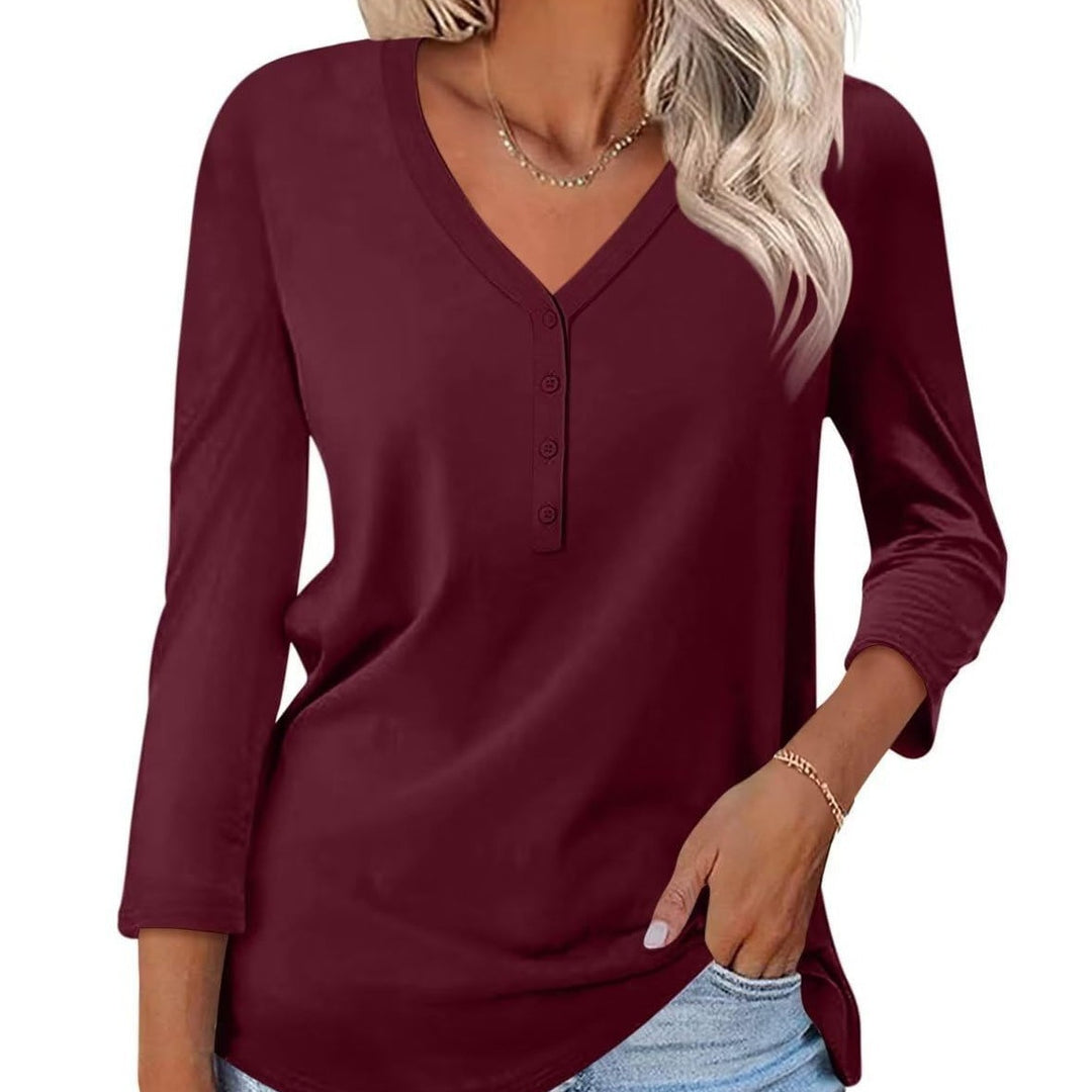Women Long Sleeve Shirt with Button Placket and V-Neck Lisslune