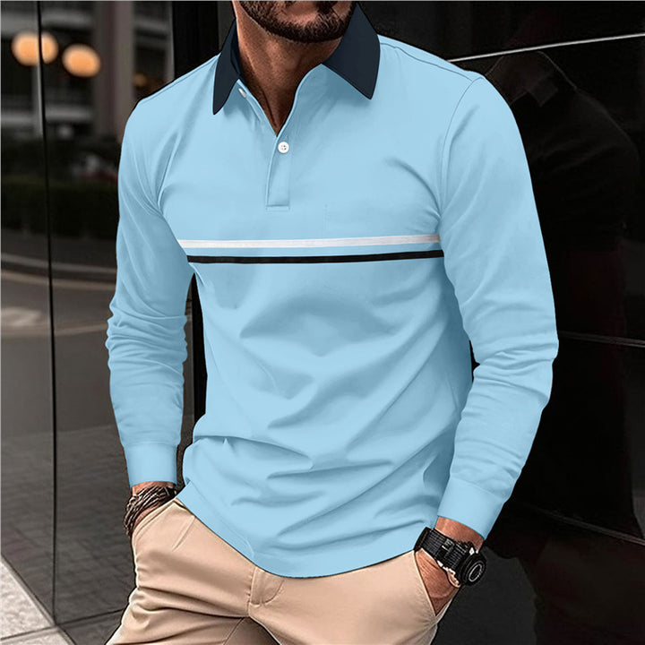 Men's Long Sleeve Polo Shirt with Modern Stripe Pattern Lisslune