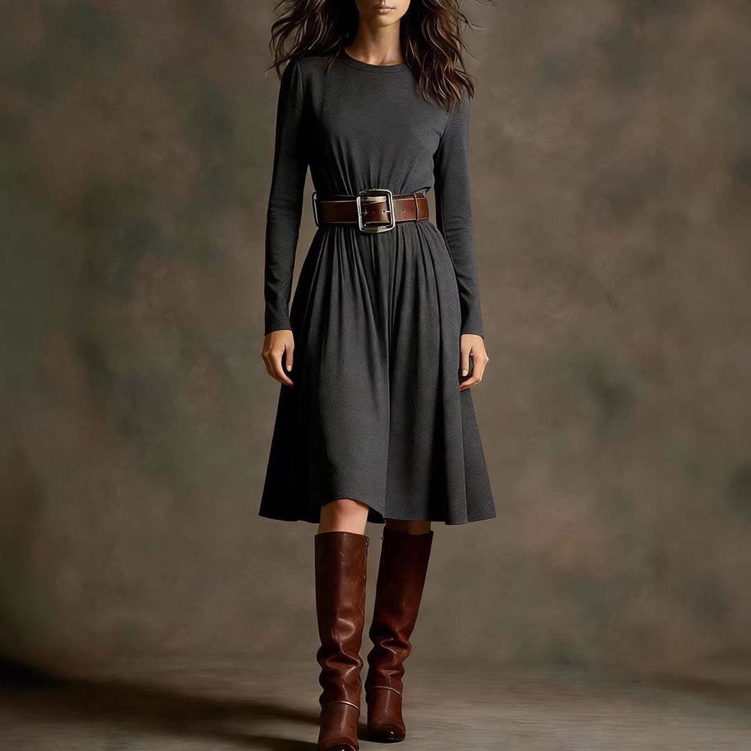 Women Elegant Dress with Long Sleeve and Waist Belt Lisslune