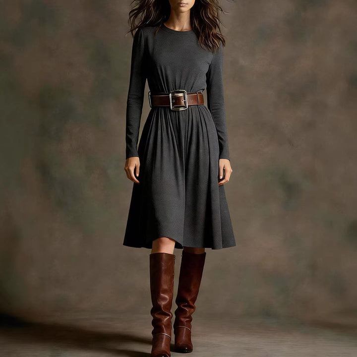 Women Elegant Dress with Long Sleeve and Waist Belt Lisslune