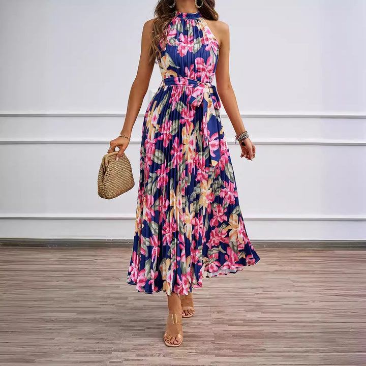 Ladies maxi dress with intricate pleating and stylish tie belt Lisslune