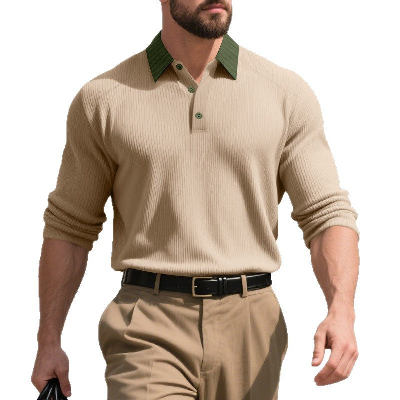 Men's long sleeve polo shirt with textured collar and decorative button closure Lisslune