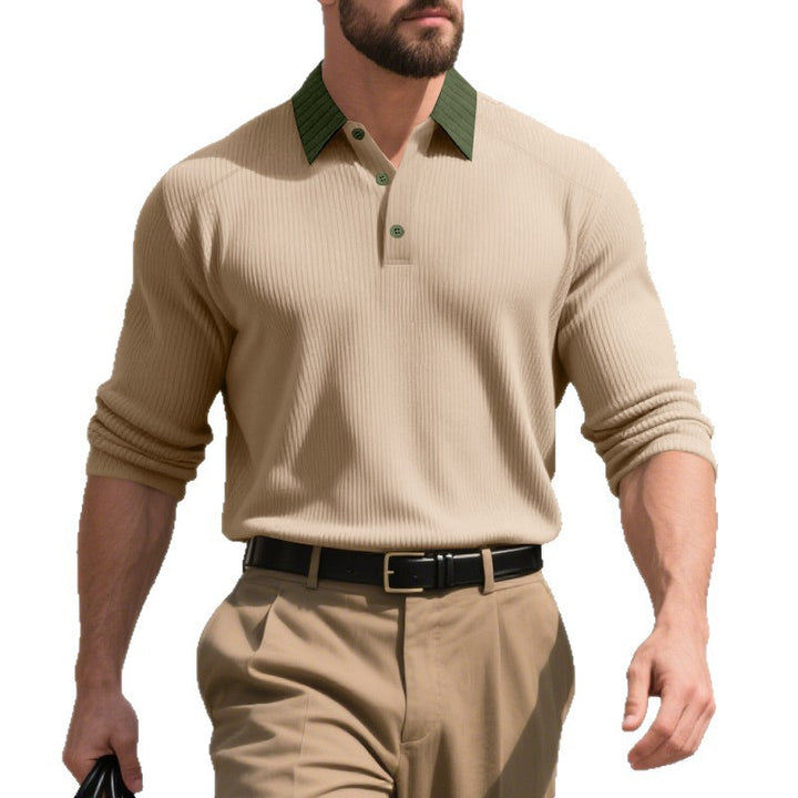 Men's long sleeve polo shirt with textured collar and decorative button closure Lisslune