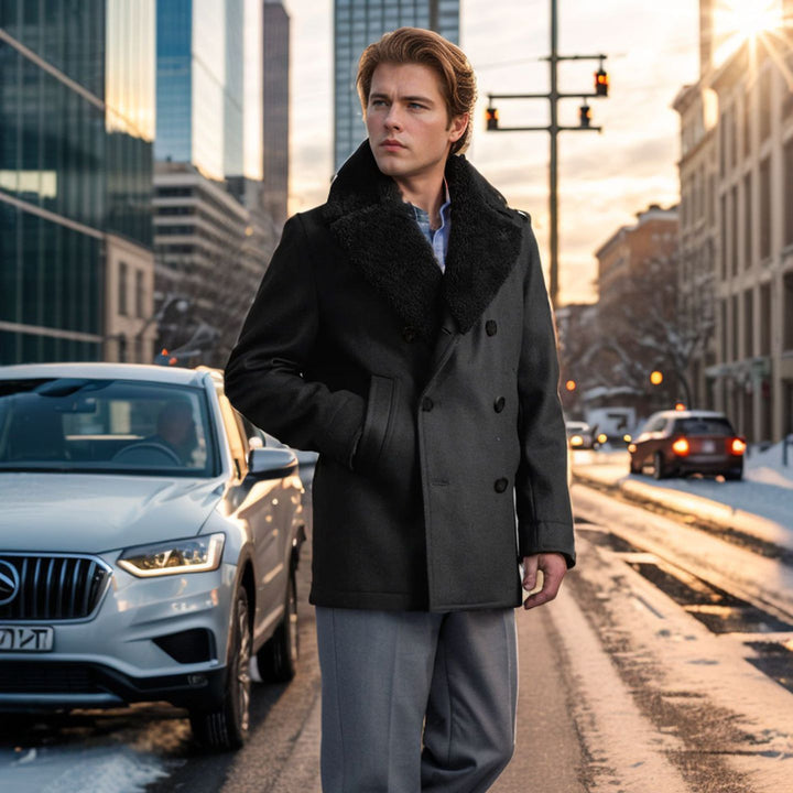 Men's fashionable double-breasted wool coat with teddy fur collar Lisslune