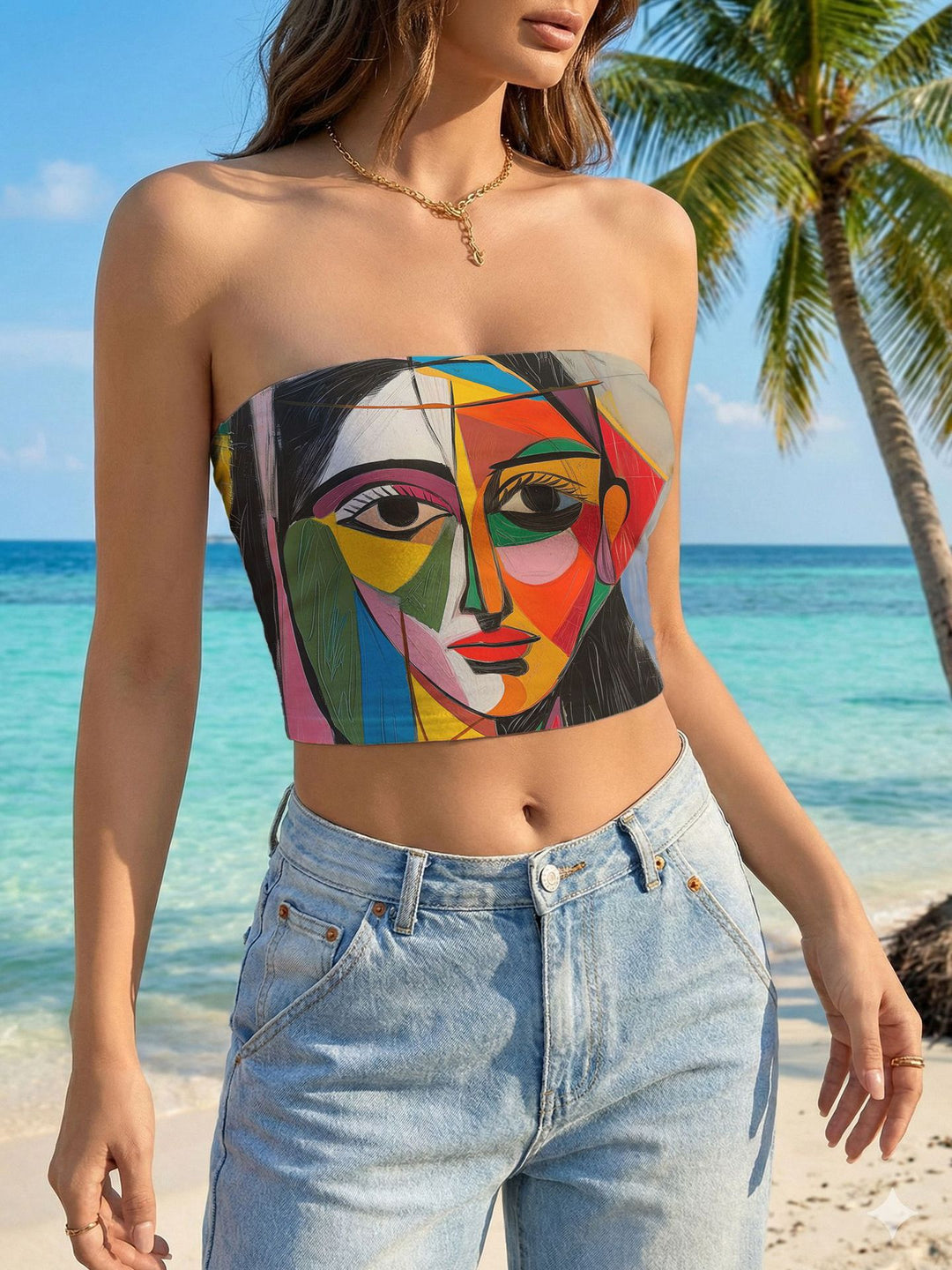 Women's bandeau top with floral bird motif and elastic fit Lisslune