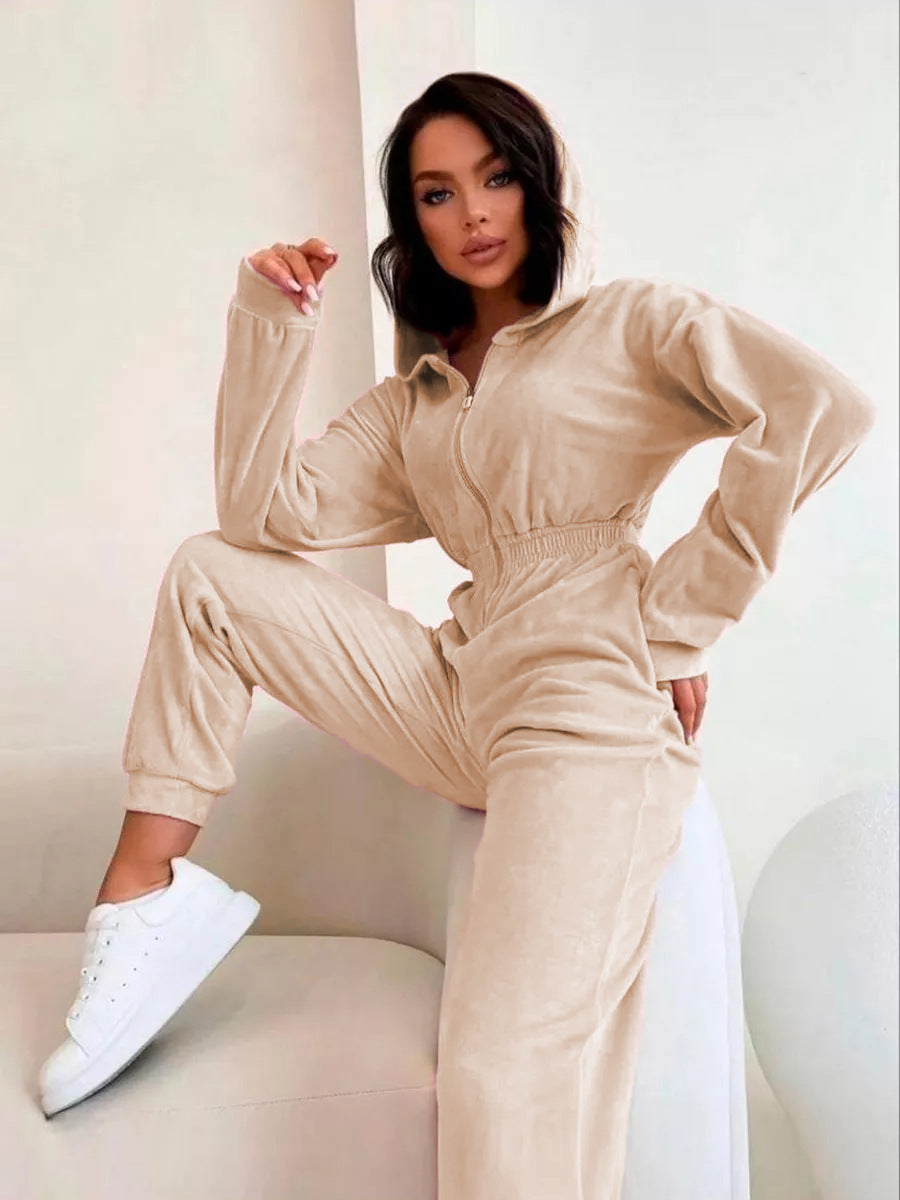 Ladies sporty fleece jumpsuit with hood and elastic waist belt Lisslune