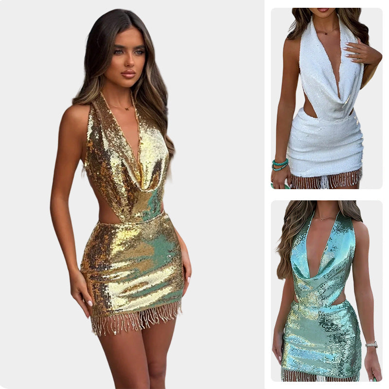 Ladies Glittering Mini Dress with Deep V-Neck and Side Cut-Out Lisslune