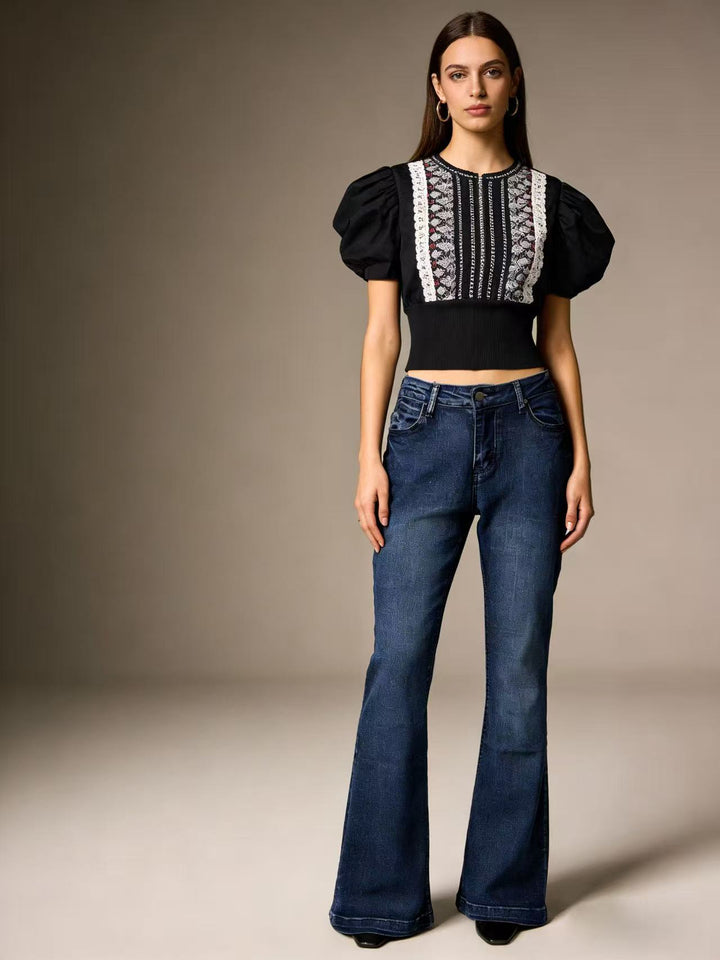Women's elegant cropped top with puff sleeves and vintage embroidery Lisslune