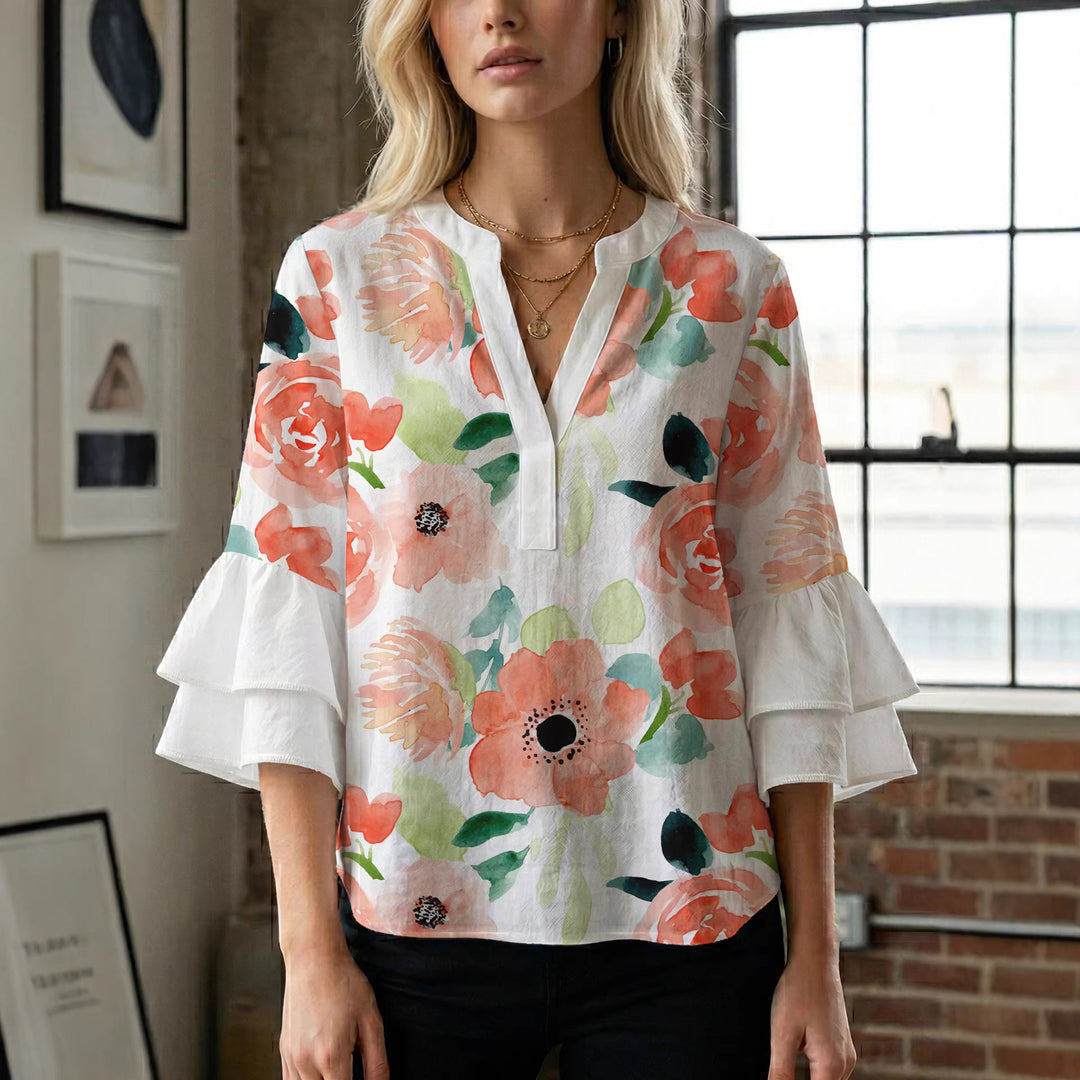 Women Elegant Top with Voluminous Puff Sleeves and Floral Print Lisslune