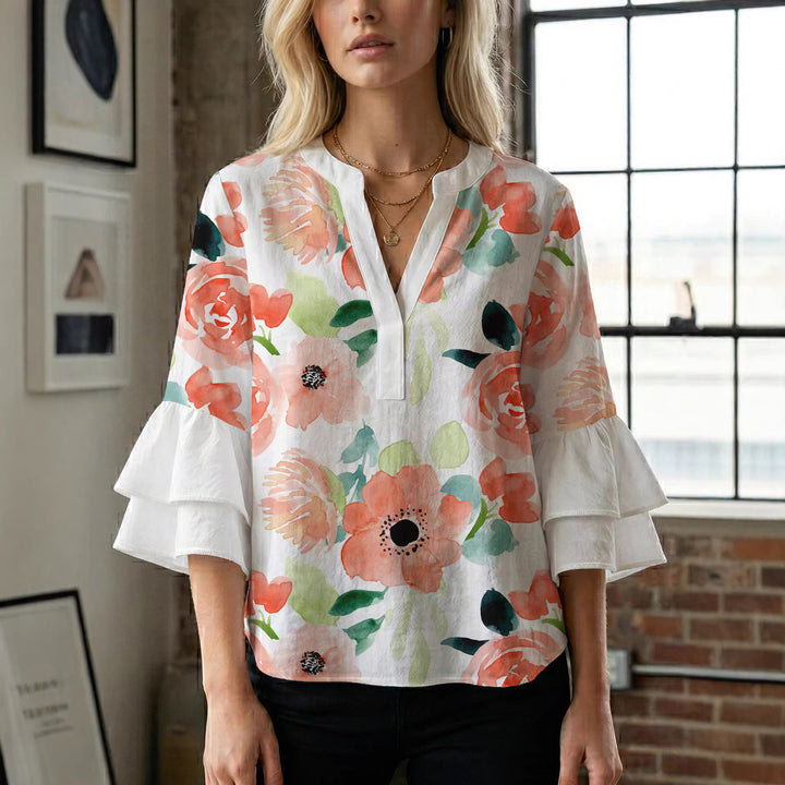 Women Elegant Top with Voluminous Puff Sleeves and Floral Print Lisslune