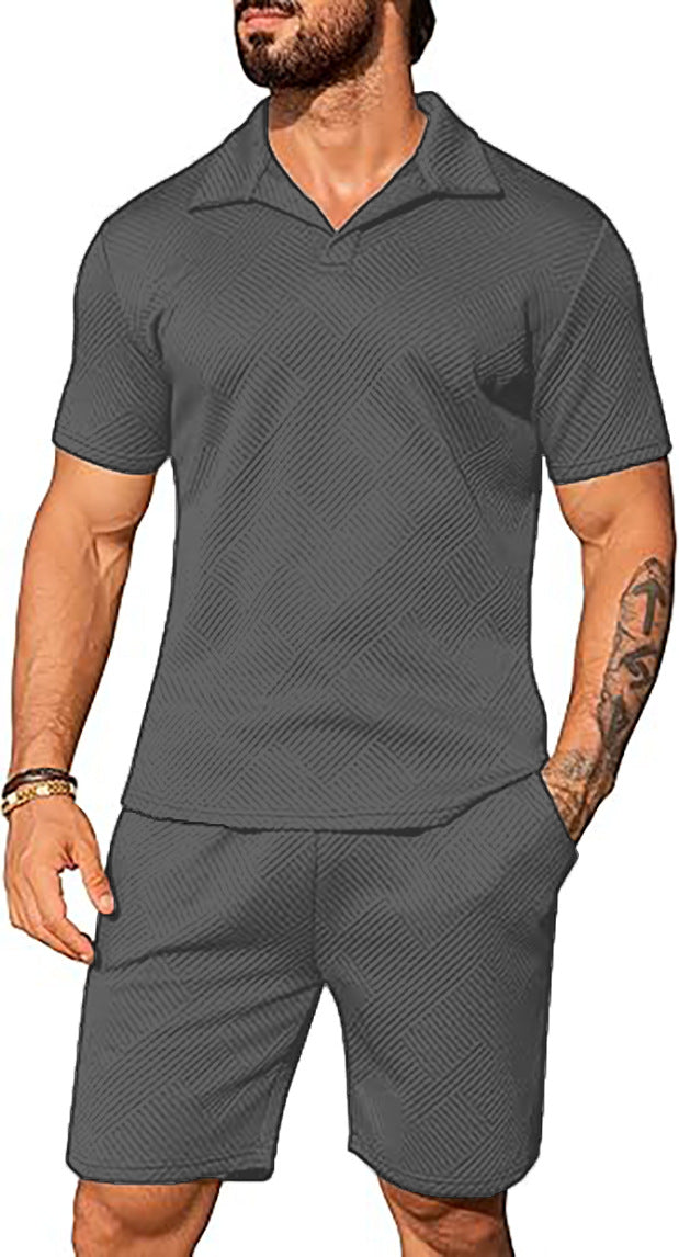 Men's Casual Short Sleeve Set with Fashionable Design and Textured Top Lisslune