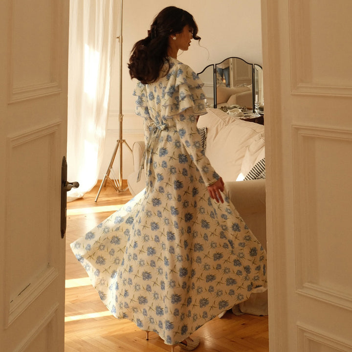 Women’s maxi dress with romantic ruffle design and floral details