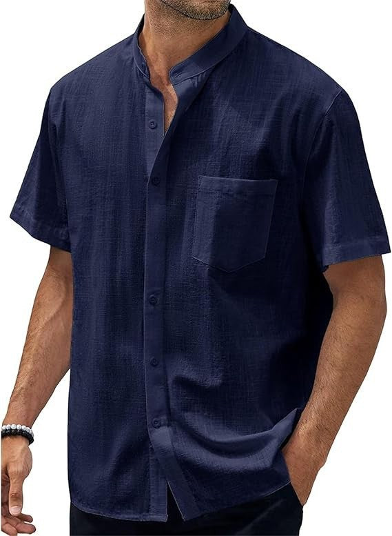 Men's short-sleeve shirt with modern standing collar and practical chest pocket Lisslune 1759193085
