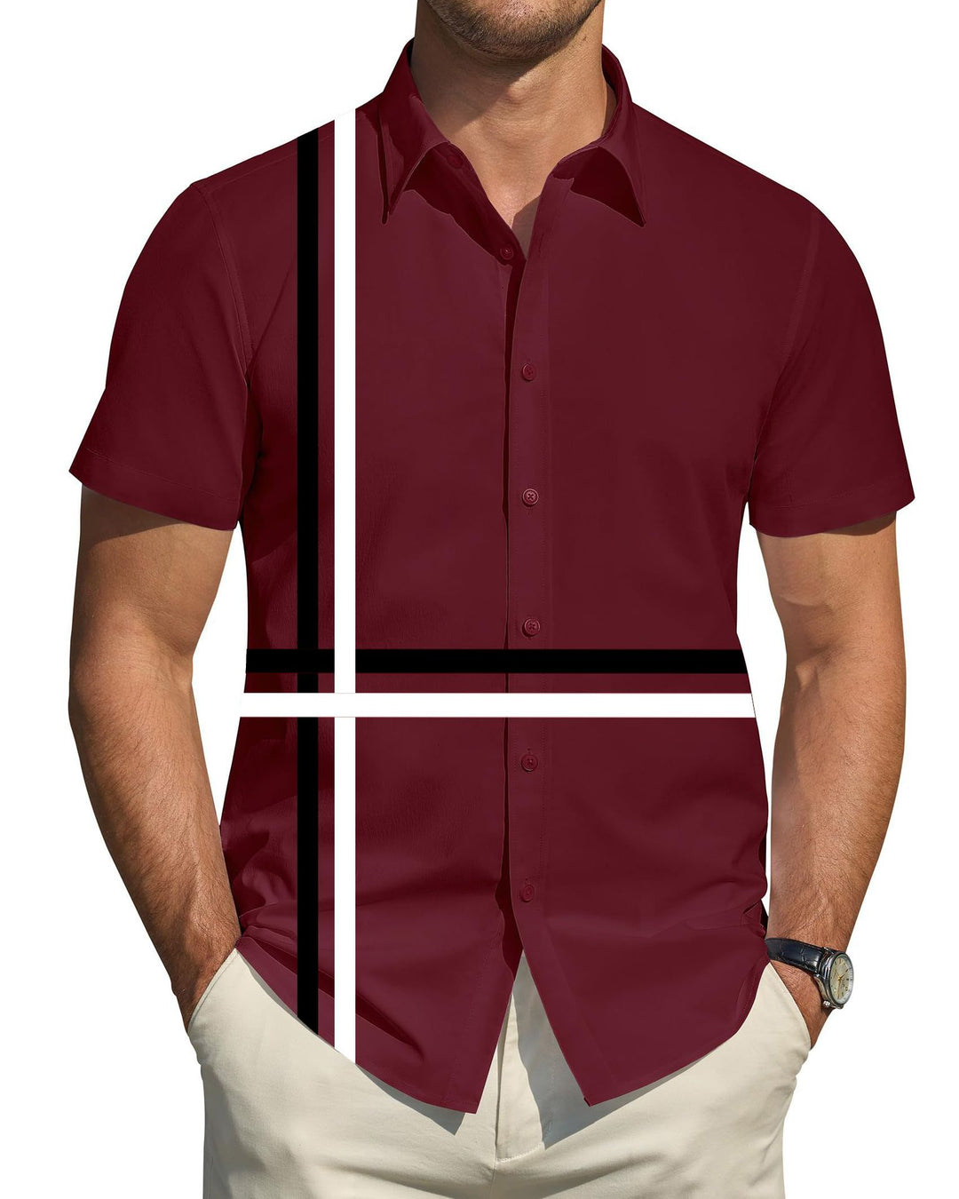 Men's short-sleeve shirt with dynamic line pattern and elegant fit Lisslune