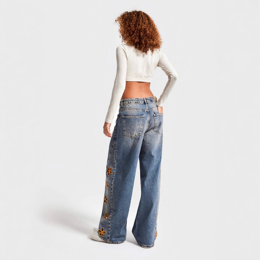 Damen weite Jeans mit floralem Stickdesign Lisslune