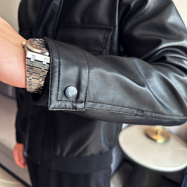 Men's elegant synthetic leather jacket with practical pockets Lisslune