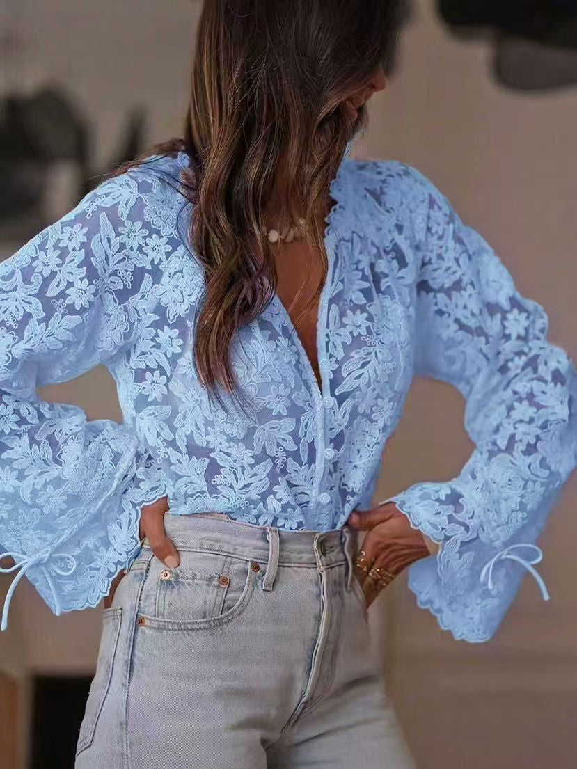 Women's transparent blouse with floral embroidery and wide sleeves Lisslune