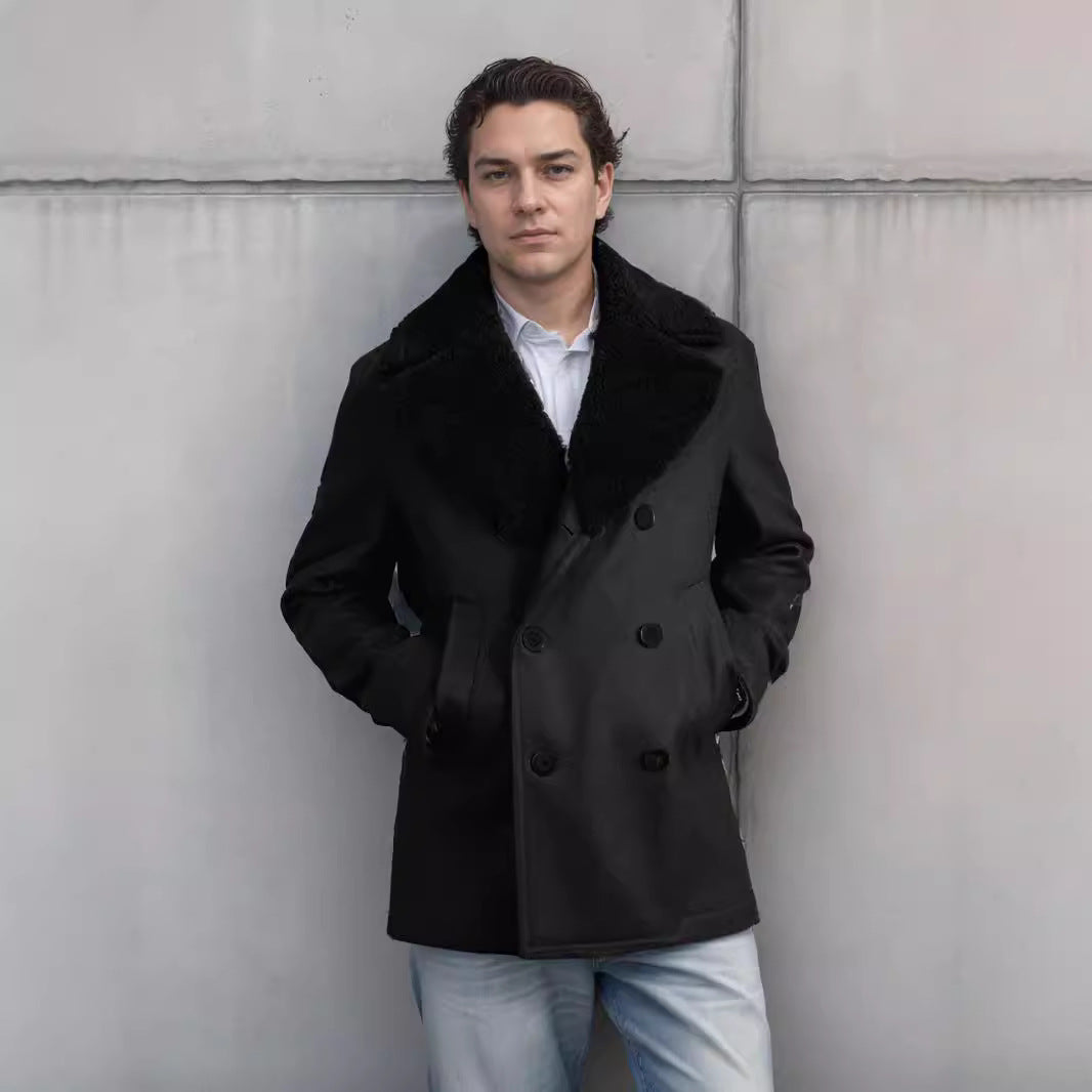 Men's fashionable double-breasted wool coat with teddy fur collar Lisslune