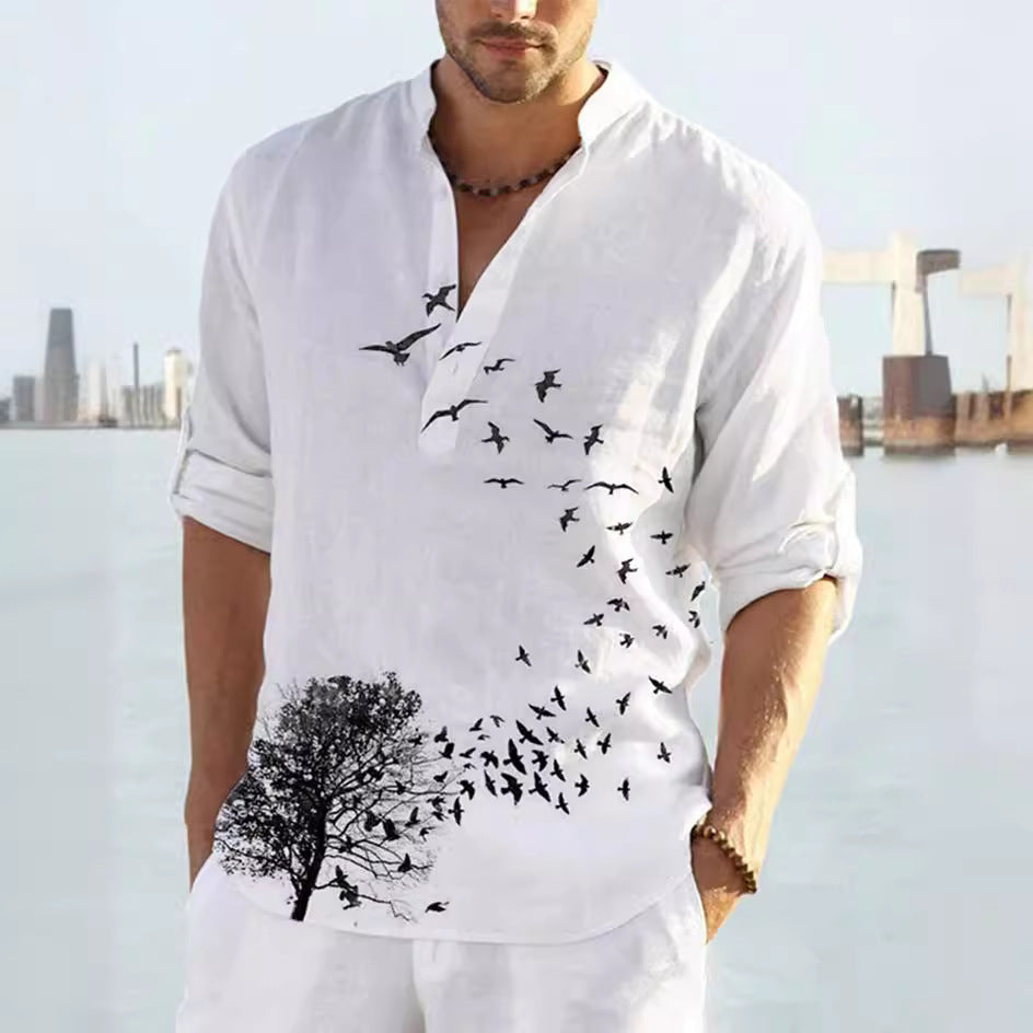 Men's linen shirt with unique feather design and button-down collar Lisslune
