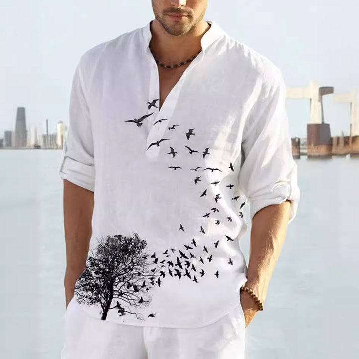 Men's linen shirt with unique feather design and button-down collar Lisslune