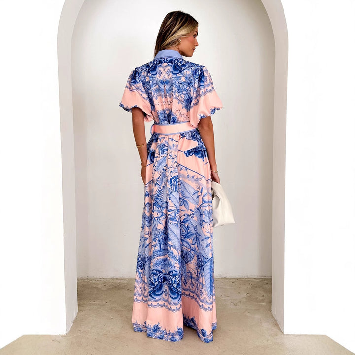 Women's maxi dress with floral pattern and elegant ruffles