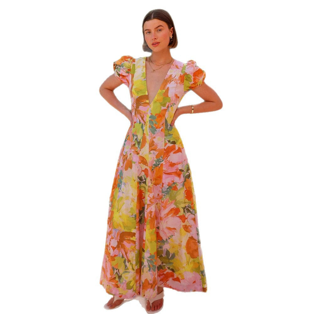 Women's maxi dress with deep V-neck and voluminous sleeves Lisslune