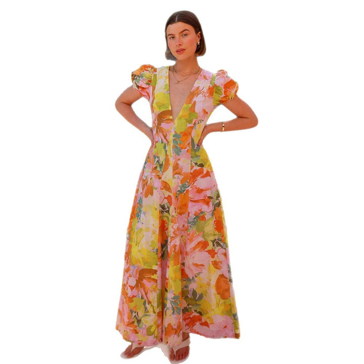 Women's maxi dress with deep V-neck and voluminous sleeves Lisslune