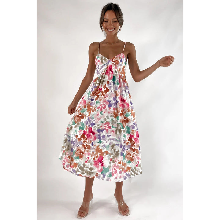 Ladies max dress with floral design and decorative knot detail Lune London