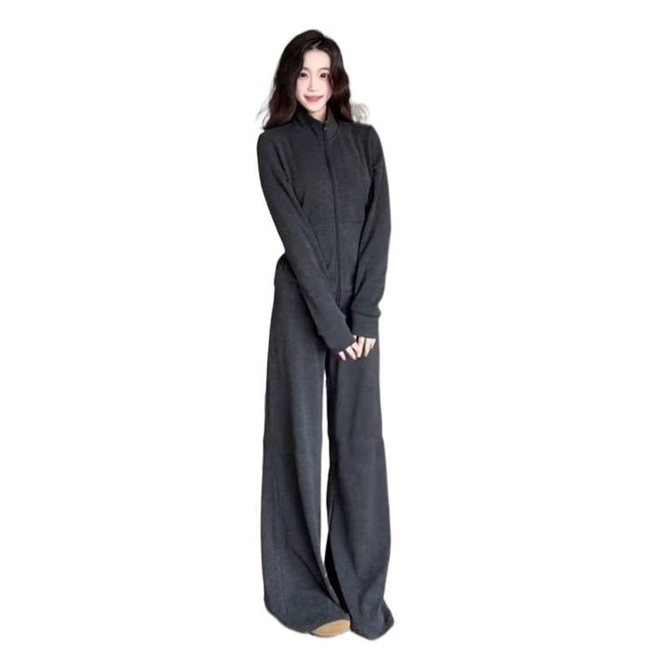 Women's Sporty Fleece Tracksuit Set with Loose Fit and High Collar Lisslune
