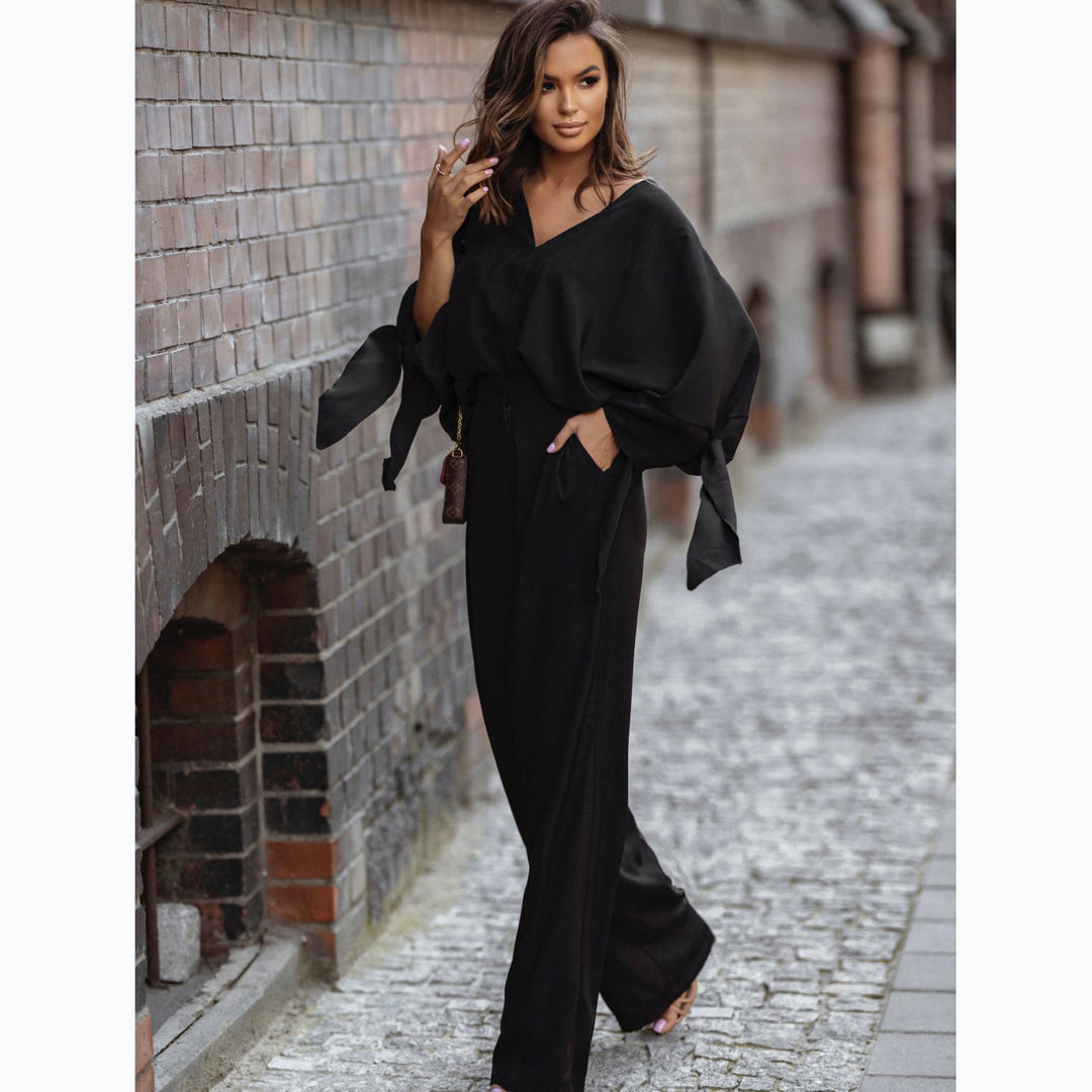 Ladies Elegant Jumpsuit with Wide Sleeves and Narrow Waist Belt Lune London