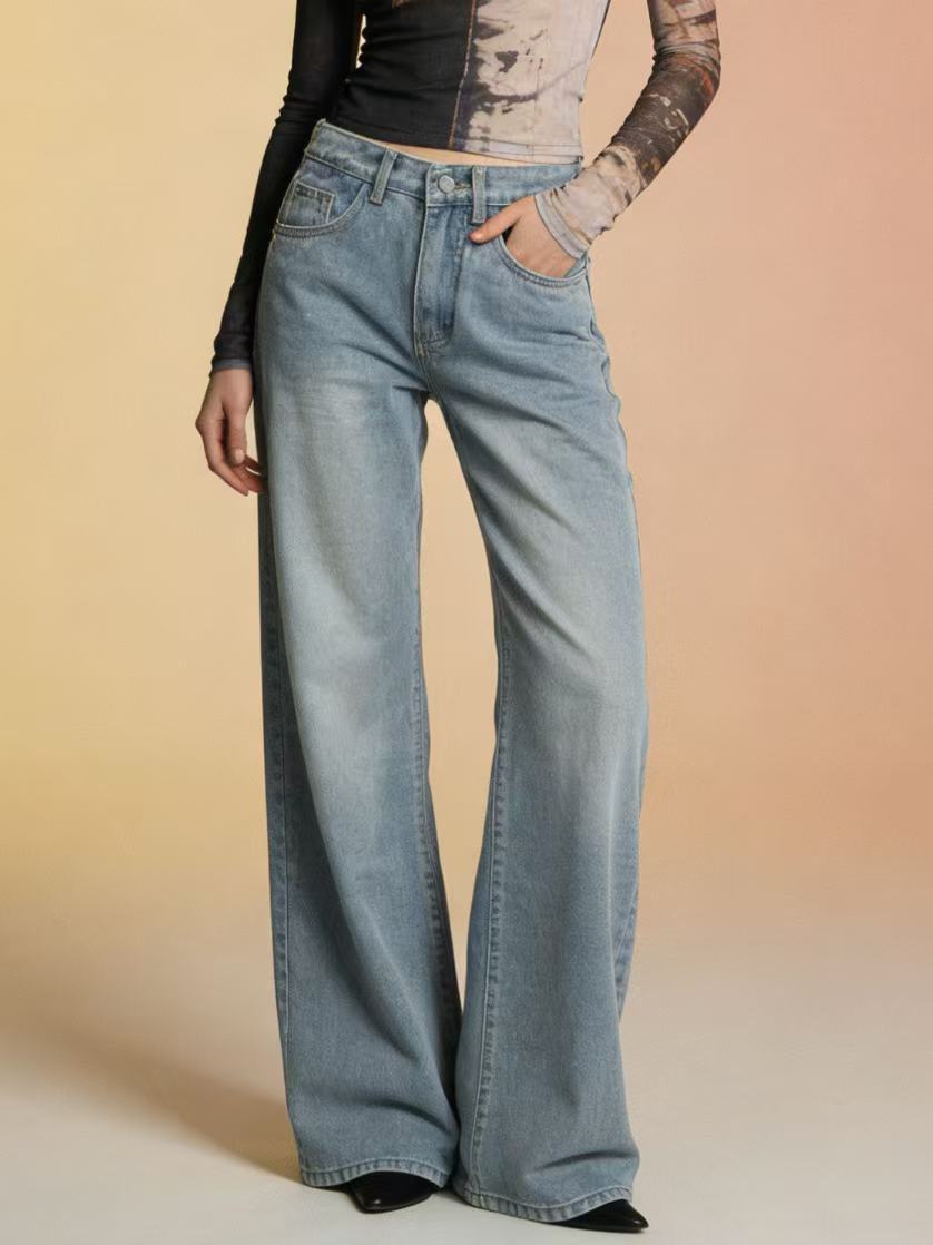 Damen weite Denim-Hose mit Vintage-Waschung und hoch geschnittenem Bund Lisslune