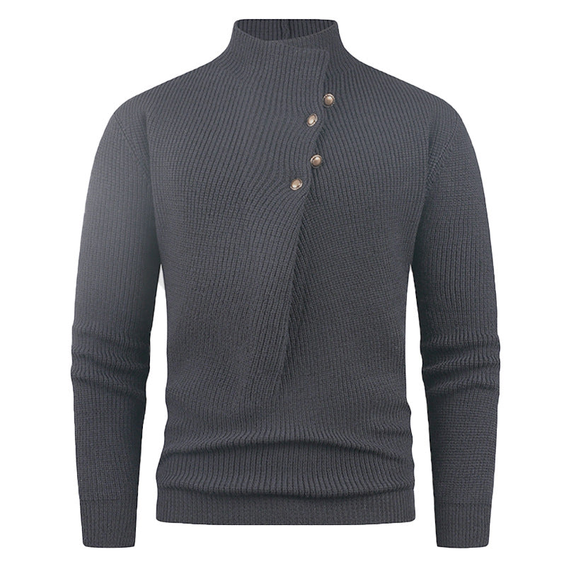 Men's knitted sweater with asymmetric collar and decorative wooden buttons Lisslune