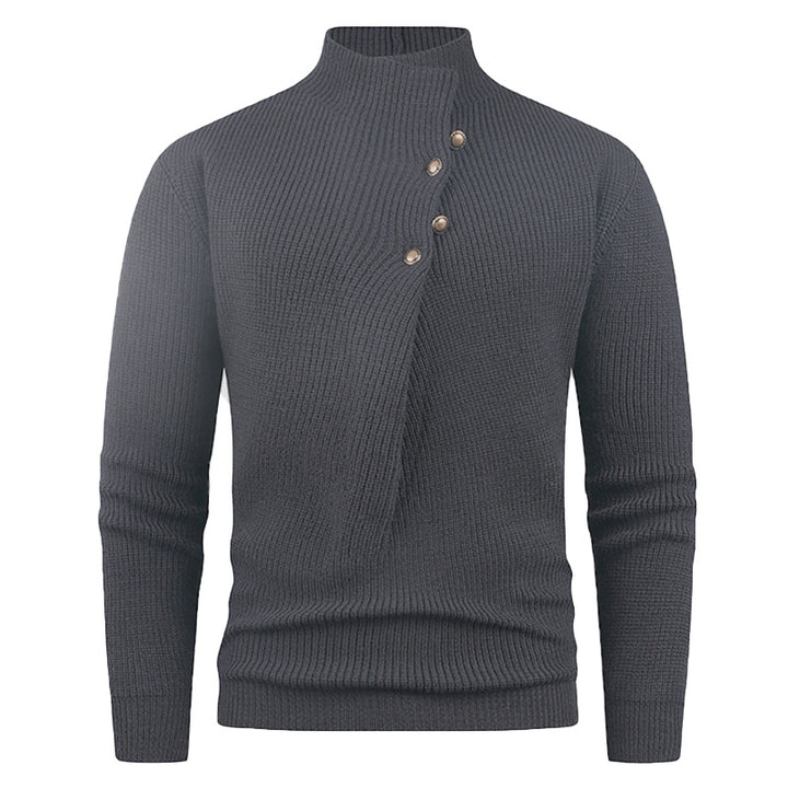 Men's knitted sweater with asymmetric collar and decorative wooden buttons Lisslune