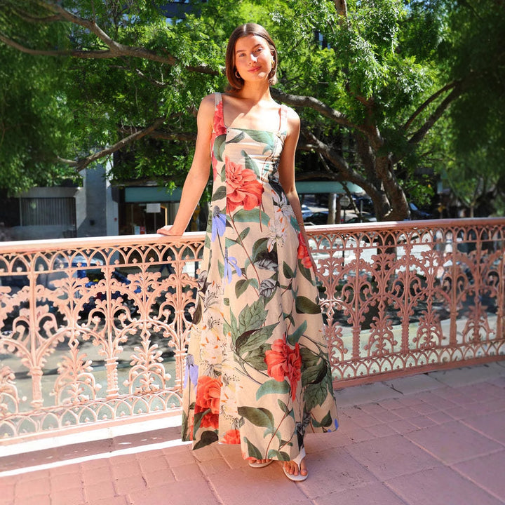 Women's maxi dress with floral design and fitted silhouette