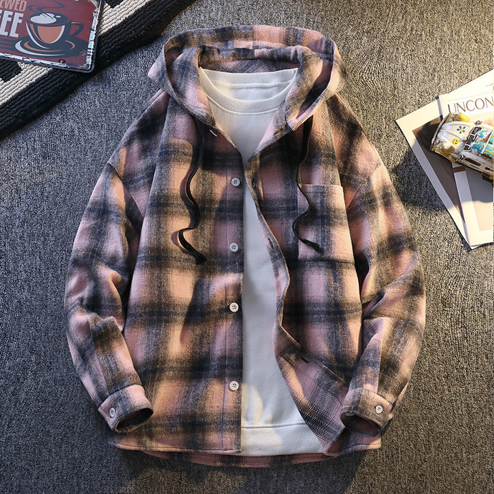 Men's Checked Flannel Jacket with Hood and Button Closure Lisslune