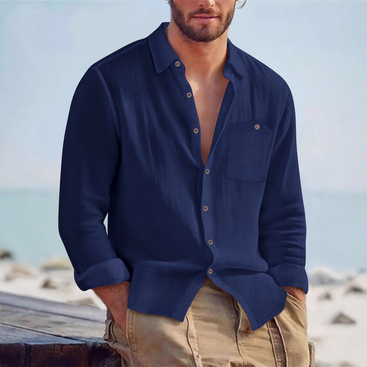 Men's Casual Long Sleeve Shirt with Textured Design and Patch Chest Pocket Lisslune