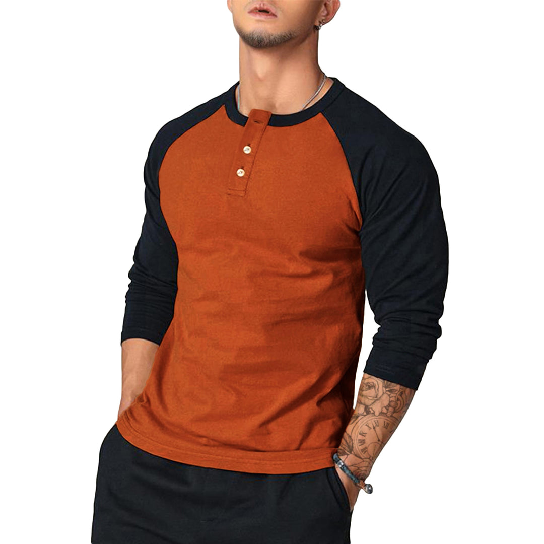 Men's Long Sleeve Henley Shirt with Contrast Sleeves Lisslune