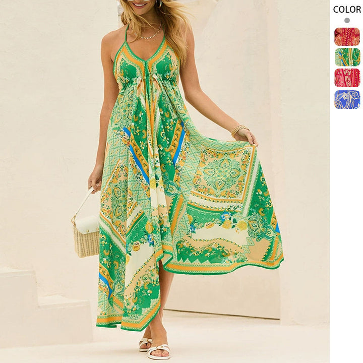 Ladies Airy Maxi Dress with Playful Halterneck Design and Floral Accents Lisslune