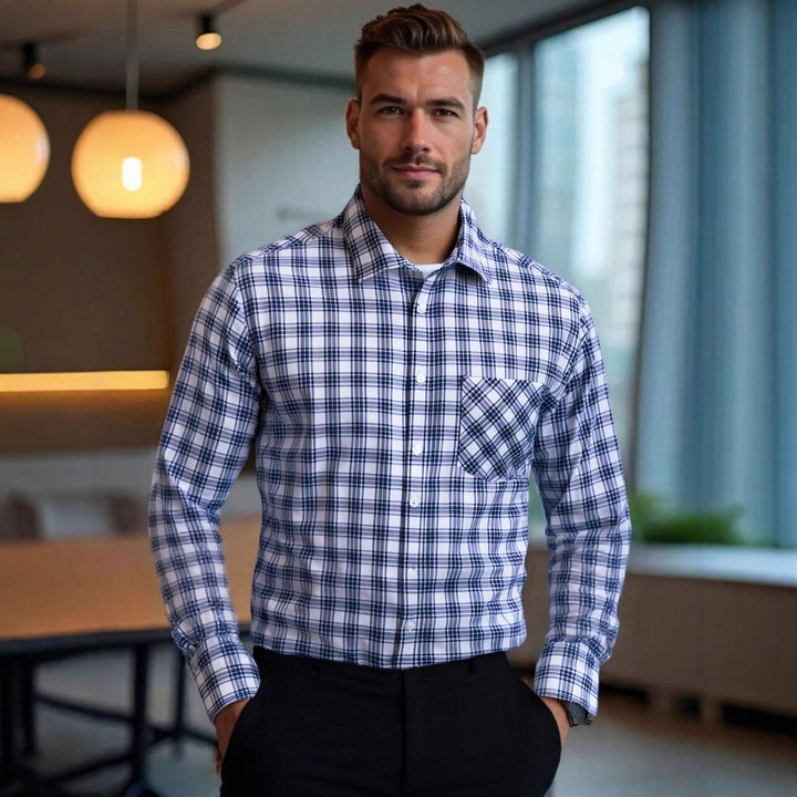Men's Checkered Long Sleeve Shirt with Chest Pocket Lisslune