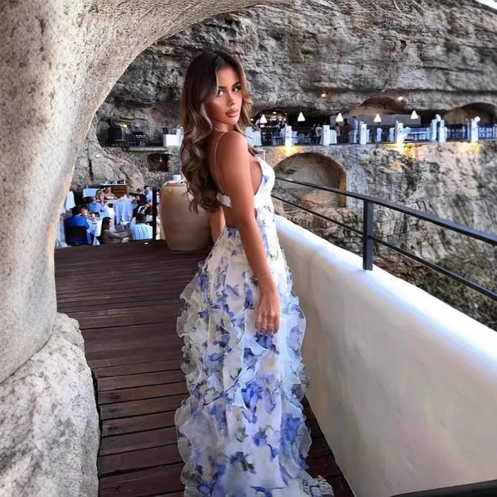 Ladies Flowing Chiffon Maxi Dress with Ruffle Details and Floral Accents Lisslune