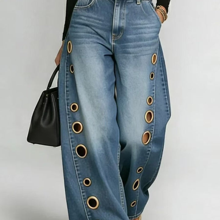 Women's Wide-Cut Jeans with Decorative Eyelets and High Waist Lisslune