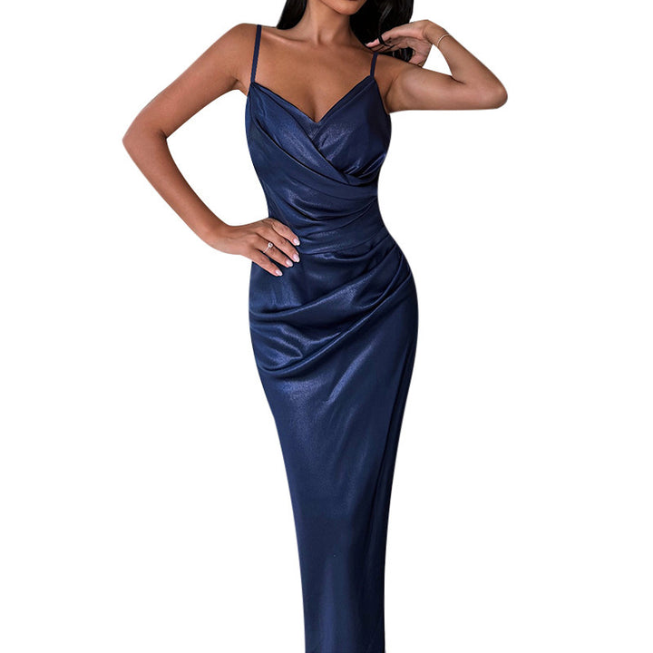 Women's elegant satin long dress with wrap look and side slit