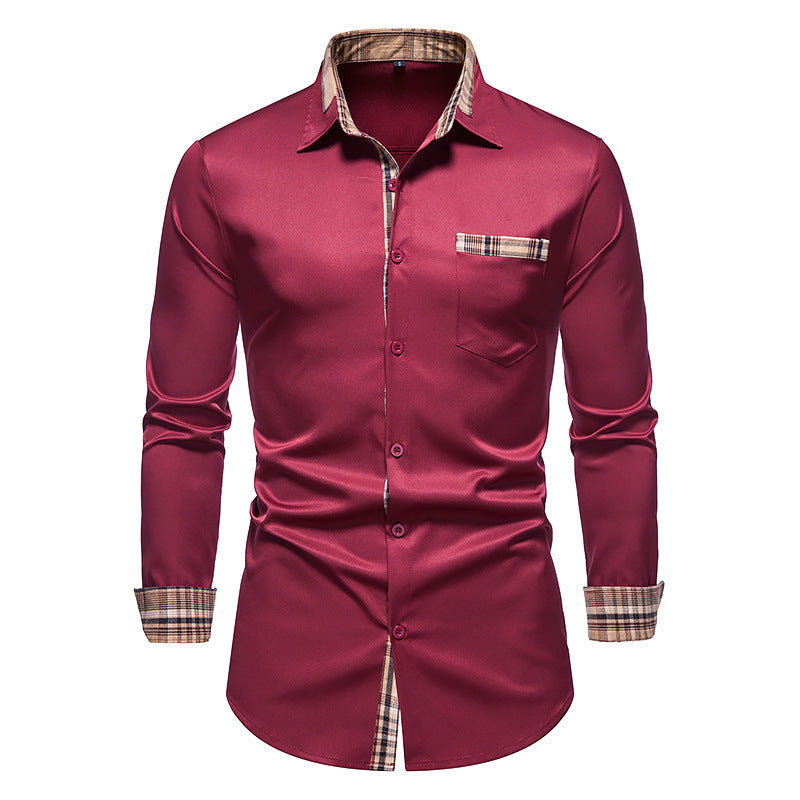 Men's long-sleeve shirt with elegant satin finish and checkered collar Lisslune
